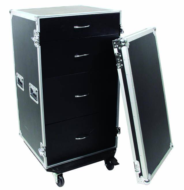 Black rolling cabinet with an open lid, showing four drawers. Cabinet has handles on the sides and stands on wheels.
