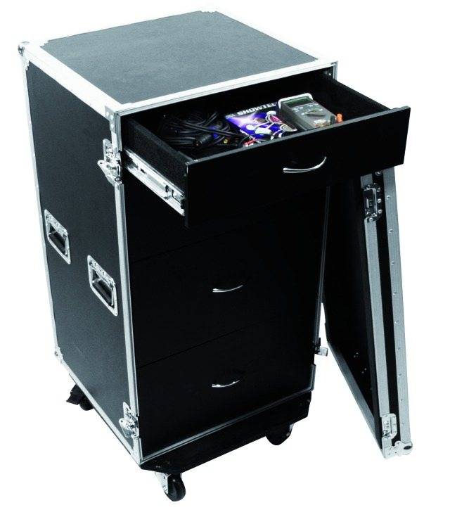 A black, mobile cabinet with multiple drawers. The top drawer is open and contains cables and an electronic device.