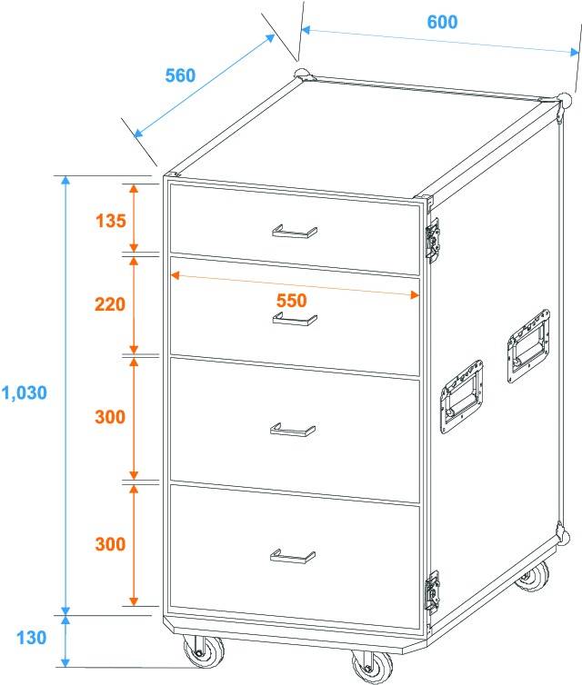 Technical Drawing of a Mobile Cabinet with Four Drawers. Dimensions: Height 1030 mm, Width 600 mm, Depth 600 mm, Drawer Width 550 mm.