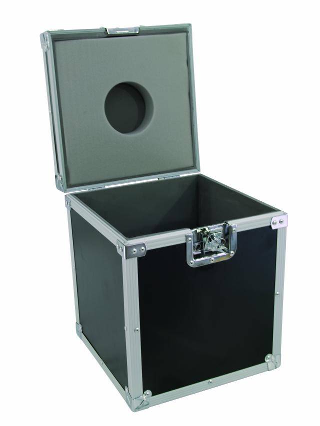 Open black transport case with foam padding inside and silver frame. Upper lid with circular cutout.