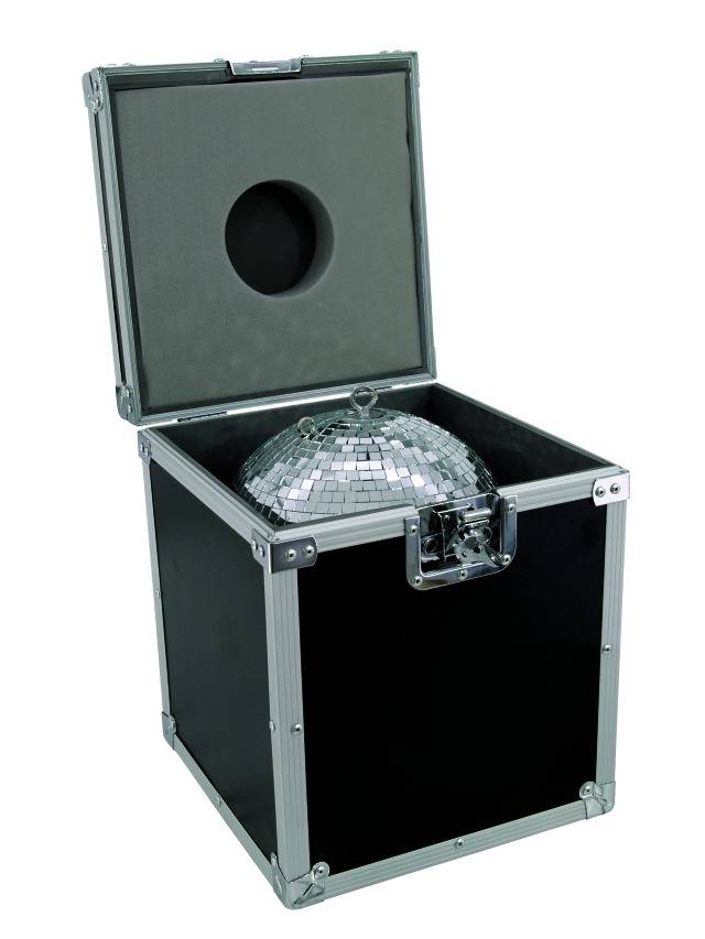 A silver disco ball in an open, black transport case with reinforced corners. The lid is open.