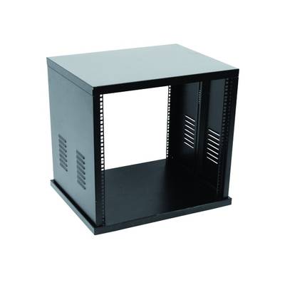 A blank black metal shelving unit with ventilation slots, suitable for wall-mounting IT equipment or servers.