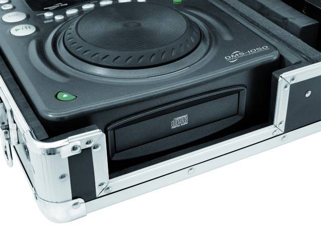 A black CD player in a silver hard-shell case, ready for transport or secure storage.
