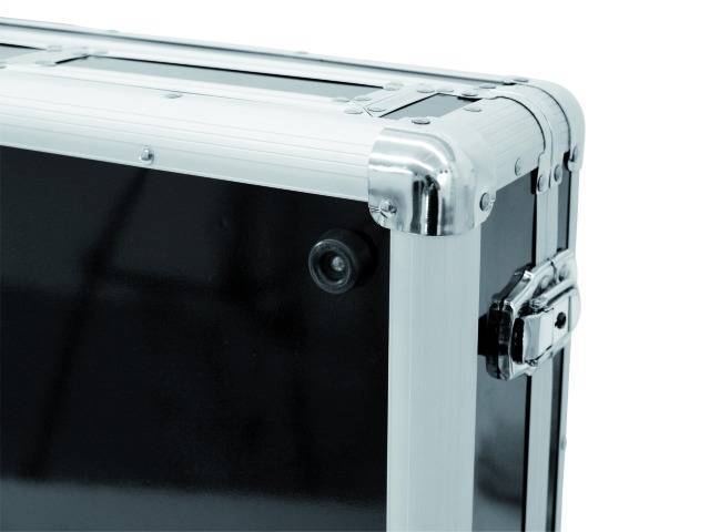 Silver and black suitcase with metal frame and fastening.