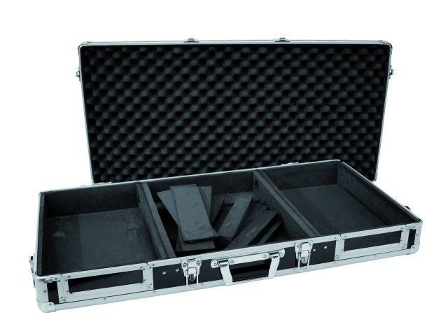 A black open transport case with foam lining and compartments, suitable for safely transporting delicate items.