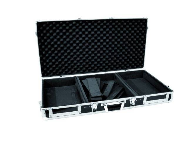 An open black case with foam inserts in three compartments. The lid is lined with patterned foam.