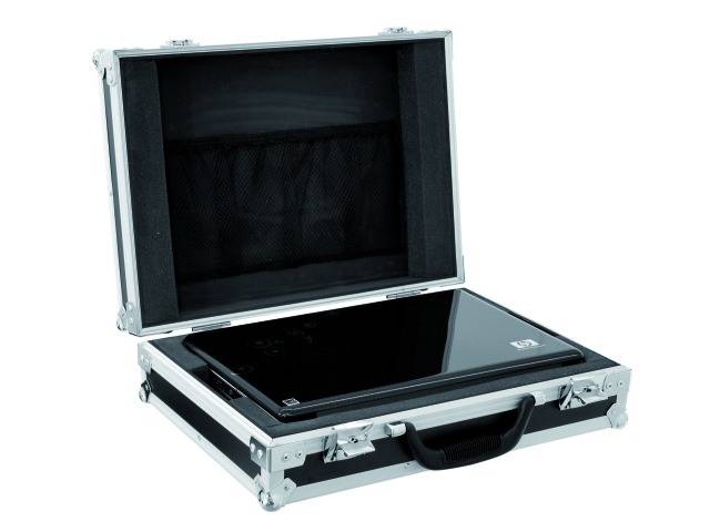 Open silver suitcase with a black laptop inside, surrounded by foam padding.