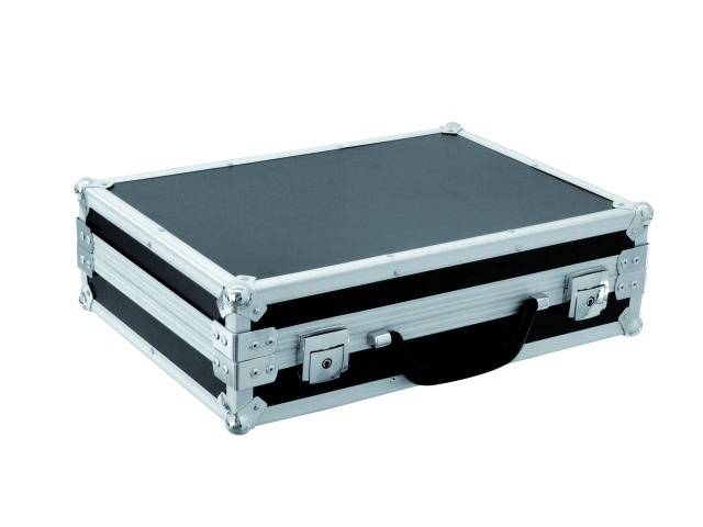 Black, closed metal briefcase with silver reinforcements, silicone handle, and two locks.