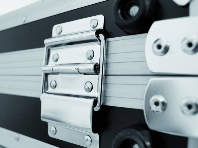 Silver, closed metal locking mechanism on a black casing.