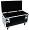 A black, open transport case with a robust metal frame and wheels, suitable for the secure transportation of equipment.