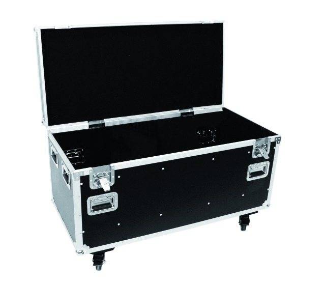 Black metal transport case with open lid, four wheels and robust locks, suitable for secure storage.