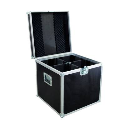 An open, rectangular black case with a padded interior, divided into multiple compartments, likely intended for transportation purposes.