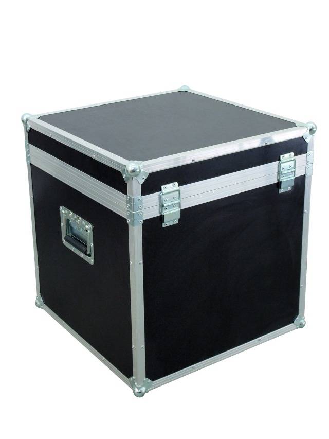 A black, square transport case with metal framework and side handles, used for secure transportation.
