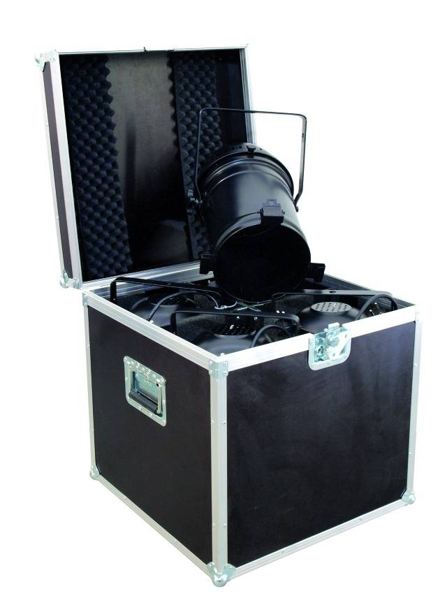 A black case with foam lining is open. Inside is a stage spotlight resting on accessories.