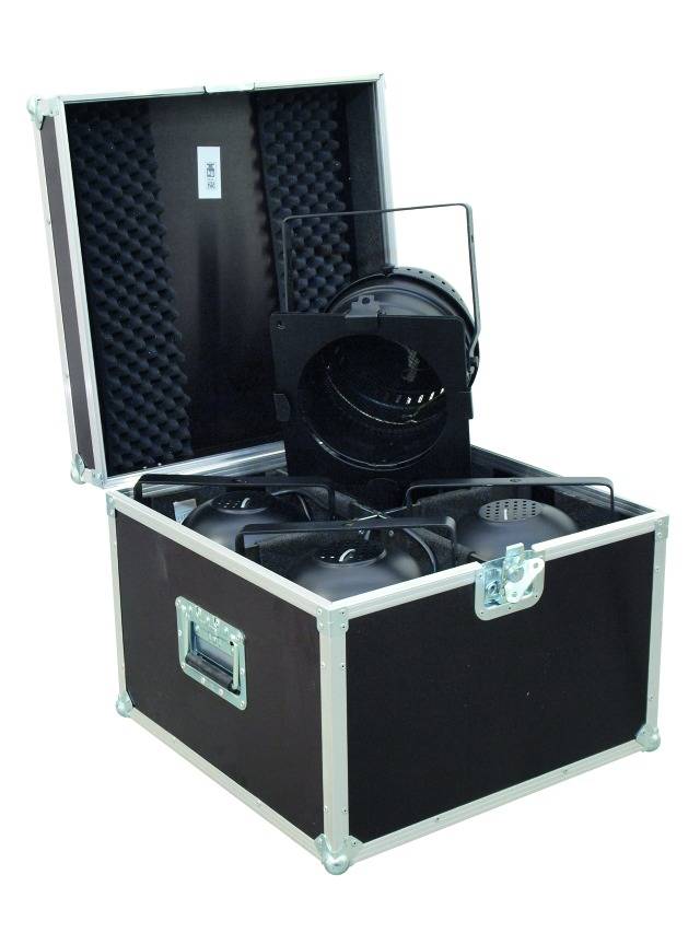 A black transport case with a padded interior contains several black stage spotlights. The lid of the case is open.
