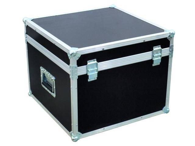 A large, robust black suitcase with metal fastenings and handles, likely intended for transporting delicate equipment.