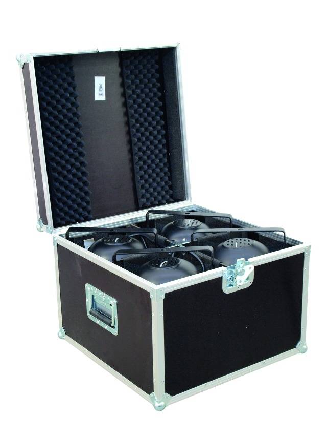 An open black transport case with foam padding reveals four fans inside, ready for transportation.