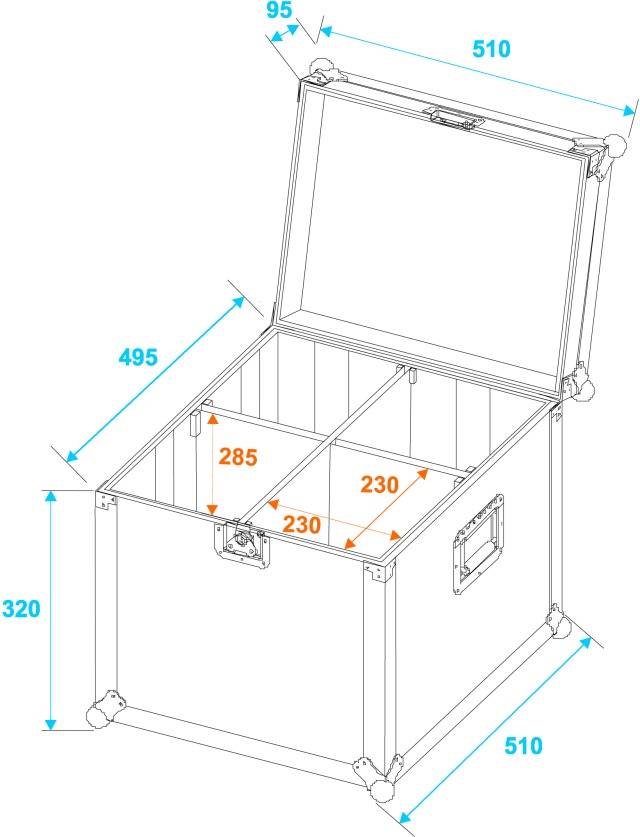 Drawing of an opened transport box with dimensions: Height 320 mm, Width 510 mm, Depth 510 mm. Internal dimensions: Width 230 mm, Depth 285 mm.