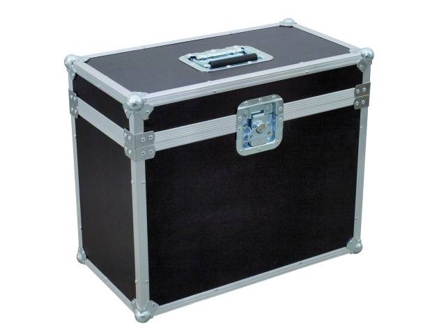 A black, rectangular transport case with silver edges and a handle on top. Suitable for securely storing equipment.