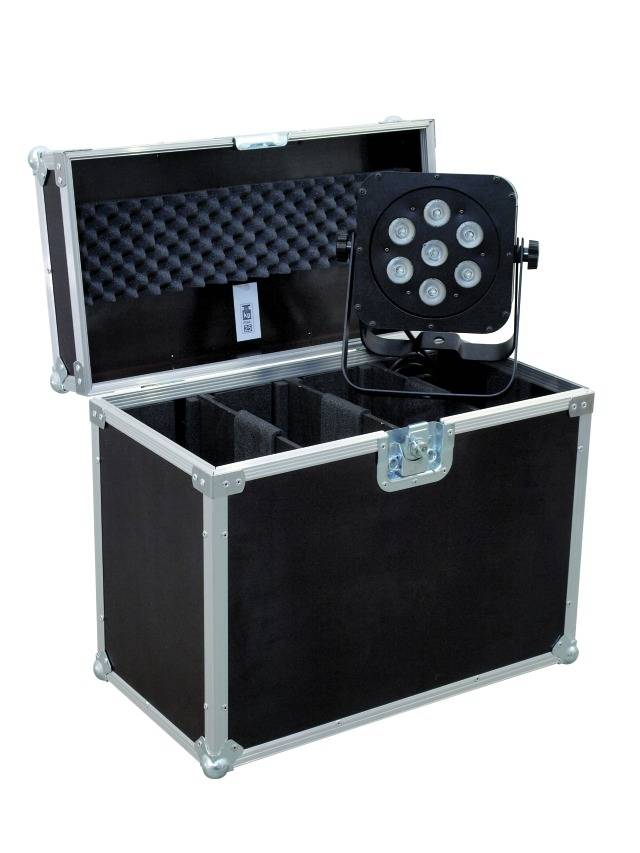 Black storage case with open lid, containing a black, portable LED lamp with six lights.