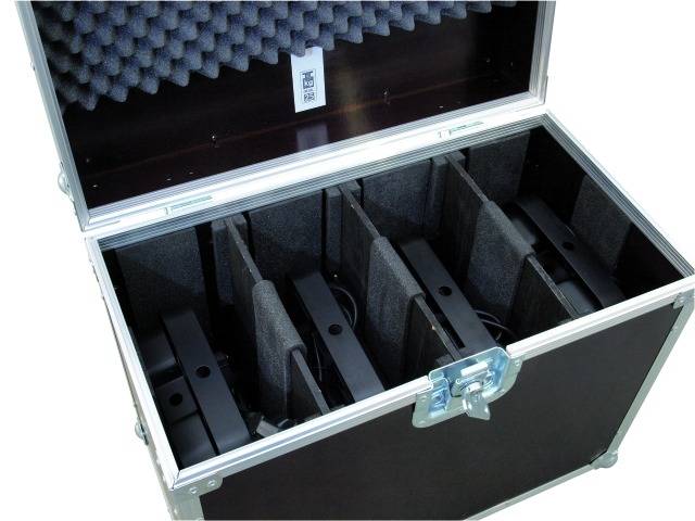 Open transport case with padded interior and multiple compartments for secure storage and transportation of electronic devices.
