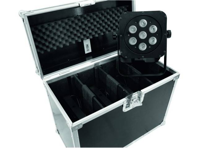 A flight case with an open lid, lined with foam padding, designed for storing LED stage lights. One light fixture is visible.