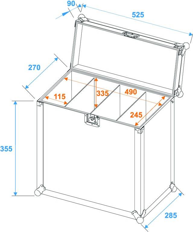 Open crate with dimensions: 90 x 525 x 355 mm external, internal compartments: 115 x 335 x 490 x 245 mm. Lid open, crate divisions visible.