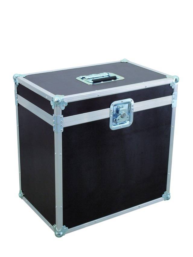 Black transport case with silver frame and handle.