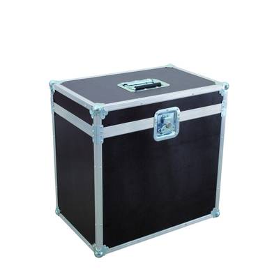 Black transport case with silver frame and handle.