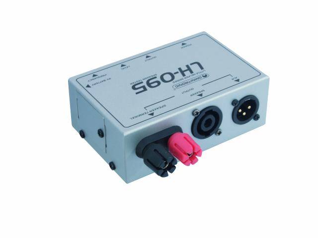 A grey audio device with multiple connections, including XLR and jack sockets, for connecting and transmitting audio signals.