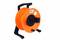 Empty orange plastic cable drum with handle, placed on a black stand.