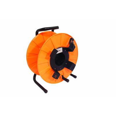 Orange plastic cable drum, empty cable reel with black frame and handle, on white background.