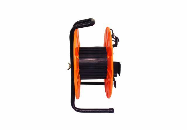 An empty cable reel with orange side discs and a black handle and frame.