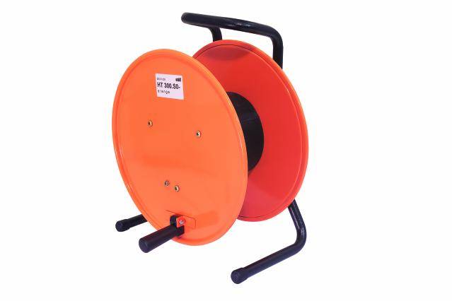 Empty orange cable drum with black frame, suitable for electrical cable winding, shown against a white background.