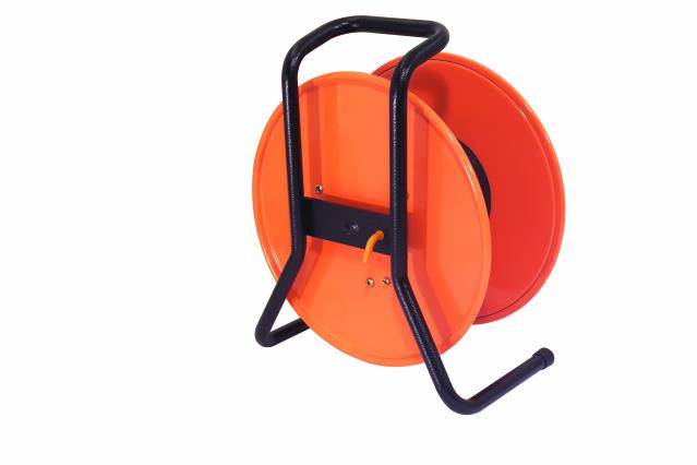 Orange cable reel on a black stand, without cables, suitable for winding and storing extension leads.