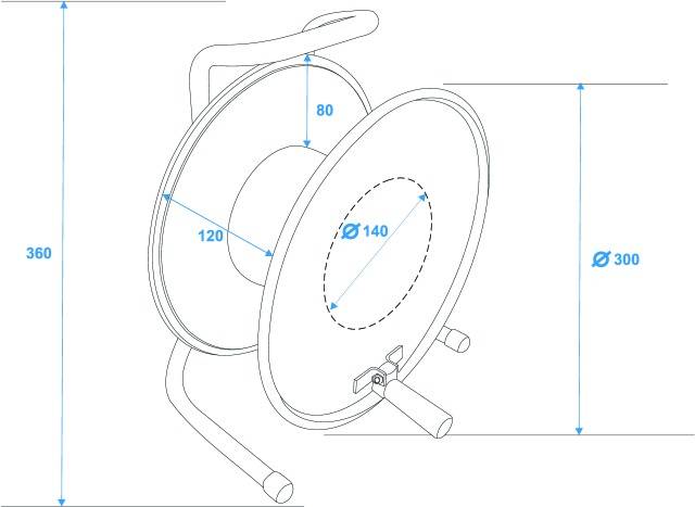 'Sketch of a cable drum stand with dimensions: Total height 360 mm, Drum outer diameter 300 mm, Core diameter 140 mm, Width 120 mm, Handle 80 mm.'