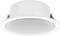 A round ceiling speaker with a white grille, mounted on a ceiling, serves to transmit sound in indoor spaces.
