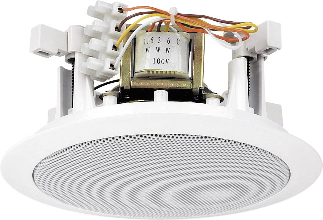 Round ceiling loudspeaker with visible cables and connection module. Suitable for 100V systems, ideal for sound distribution in large spaces.