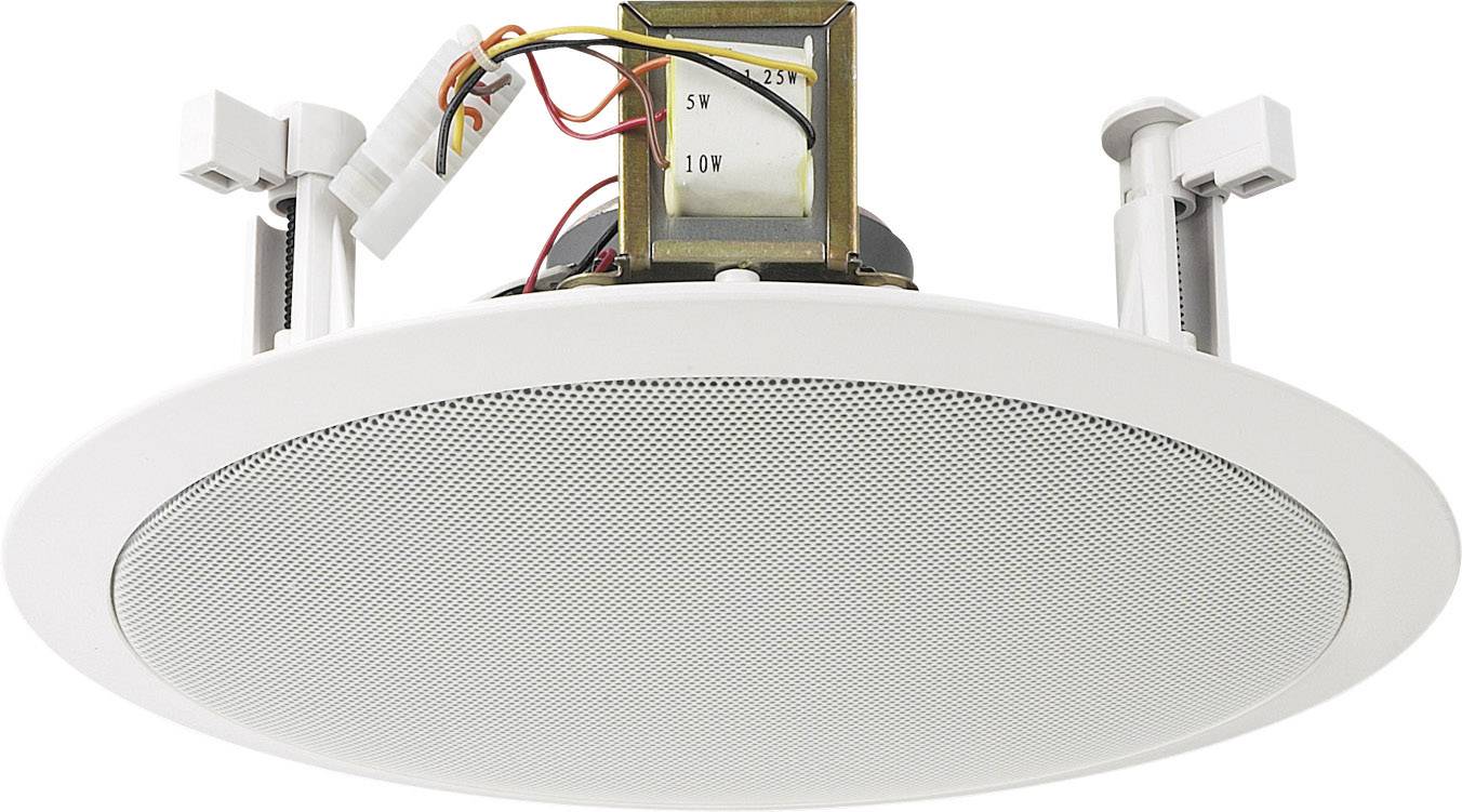 A round, white ceiling speaker with visible cabling and mounting brackets, suitable for ceiling installation in public spaces.