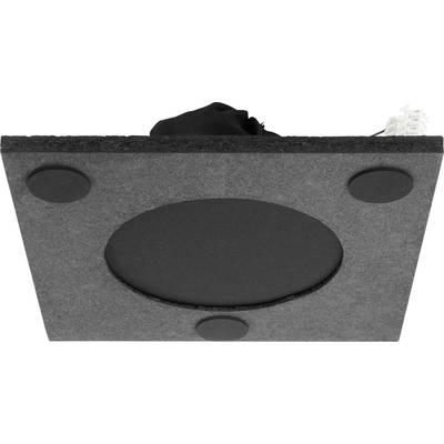 Black acoustic panel with a large, central circular object and four smaller circles at the corners, potentially for sound absorption.