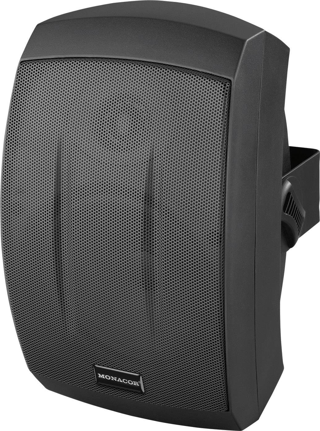 A black loudspeaker box with a grille cover, suitable for wall mounting, branded with 'Monacor'. Ideal for office or home use.