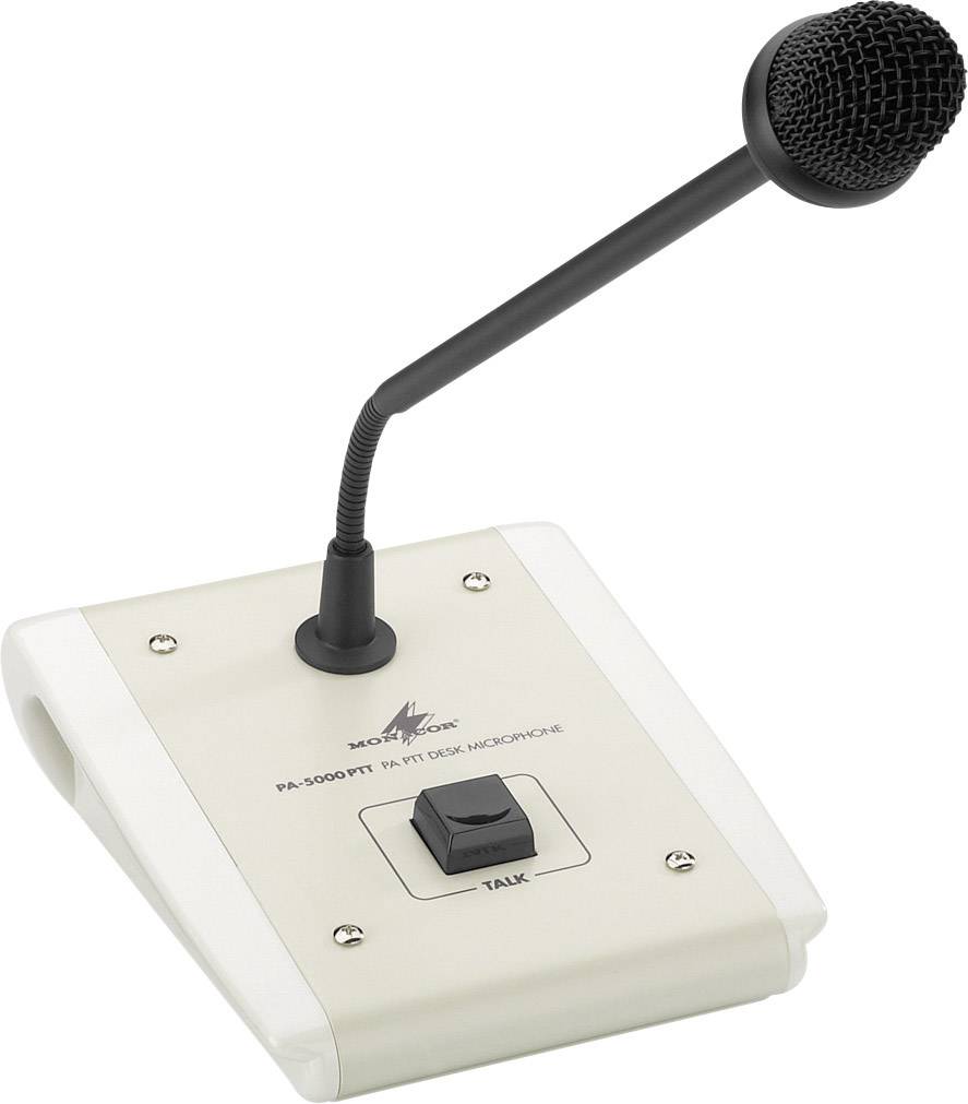 A table microphone with a flexible gooseneck mounted on a white base. A button with the inscription 'TALK' is located on the front.