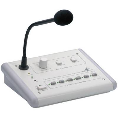 A desk microphone with a control panel, used for announcements in PA systems. Includes buttons for volume and channel selection.