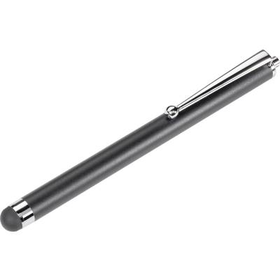 A black pen with a silver tip and clip lies diagonally. Designed potentially for use as an input stylus for touchscreens.