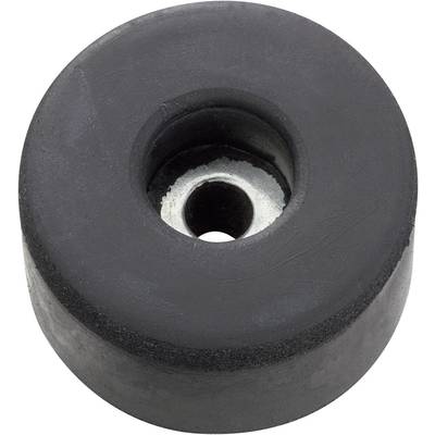 A black wheel with a metal core and a hole in the centre, commonly used in machinery or vehicles.