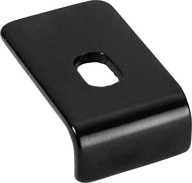 A black, rectangular metal piece with rounded edges and a central hole, likely a mounting bracket or attachment component.