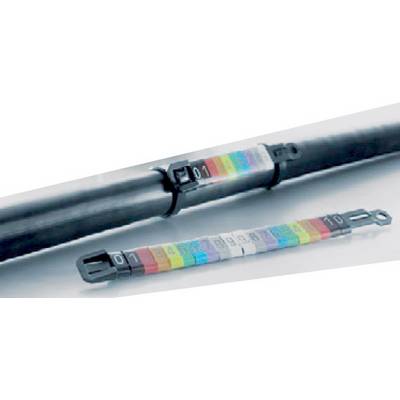 A cable with coloured number labels for identification, secured with a black cable tie.