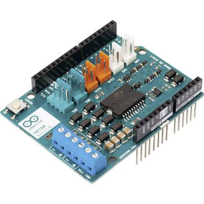 'An Arduino motor shield with blue, orange, and black connectors and multiple electronic components.'