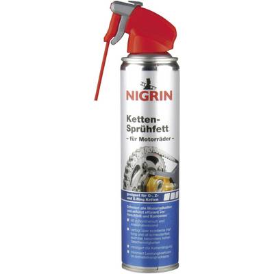 Spray can for motorcycle chain lubricant with red nozzle. Label reads: 'NIGRIN Chain Spray Grease for Motorcycles', suitable for O-, X- and Z-ring chains.