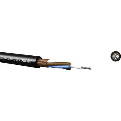 Multi-core cable with black outer sheathing, visible internal construction featuring three coloured conductors (brown, blue, grey) and wire shielding.